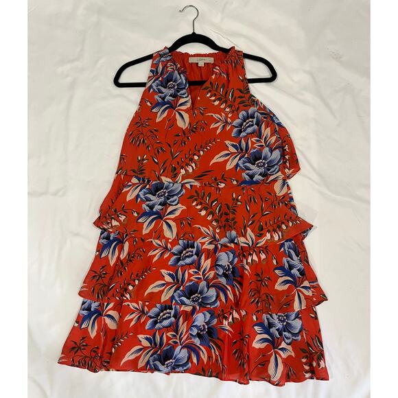 "LOFT" ORANGE FLORAL RUFFLED TIERED SWING TRAPEZE DRESS size SP - Picture 3 of 5
